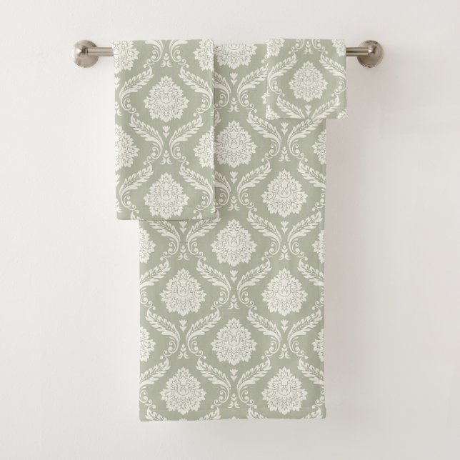 Conjunto De Toalhas Padrão de Damasco Rococó Creme sobre Verde (Insitu)