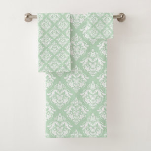 Conjunto De Toalhas Padrão de Damascos Florais Branco e Verde Salvia