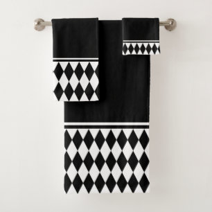 Conjunto De Toalhas Padrão de Diamante Branco e Preto do Harlequin