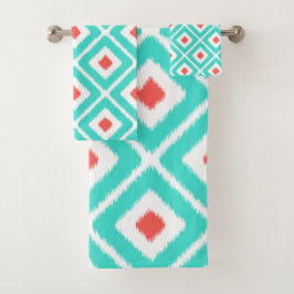 Conjunto De Toalhas Padrão de Diamante de Ikat Branco, Turquesa, Coral