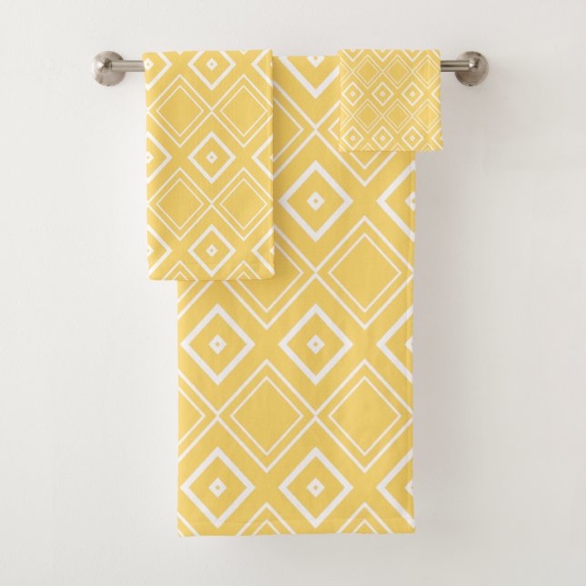 Conjunto De Toalhas Padrão de Diamante Geométrico Amarelo e Branco Mod (Insitu)