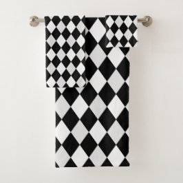 Conjunto De Toalhas Padrão de Diamante Harlequim Preto e Branco
