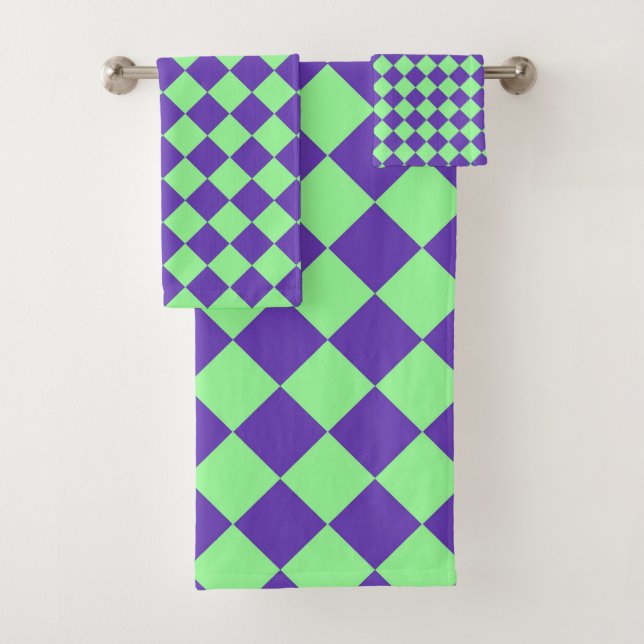 Conjunto De Toalhas Padrão de Diamante Xadrez Verde Roxo  (Insitu)