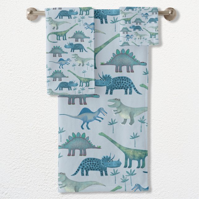 Conjunto De Toalhas Padrão de Dinossauro Azul Pré-Histórico Cuto (Fun prehistoric dinosaur pattern towel set for paleontologists of all ages)