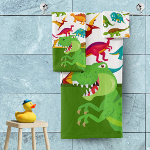Conjunto De Toalhas Padrão de Dinossauro Colorido com Nome T-Rex Verd