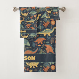 Conjunto De Toalhas Padrão de Dinossauro de Nome Personalizado