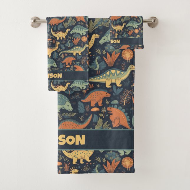Conjunto De Toalhas Padrão de Dinossauro de Nome Personalizado (Insitu)