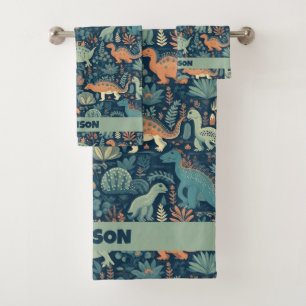 Conjunto De Toalhas Padrão de Dinossauro de Nome Personalizado