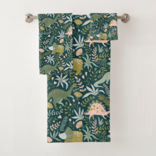 Conjunto De Toalhas Padrão de Dinossauro Verde