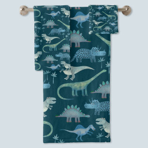 Conjunto De Toalhas Padrão de Dinossauro Verde Escuro