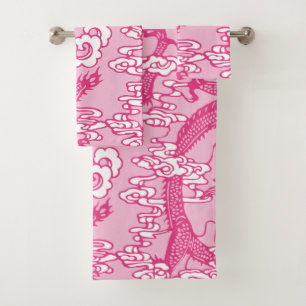Conjunto De Toalhas Padrão de Dragão Chinês Rosa