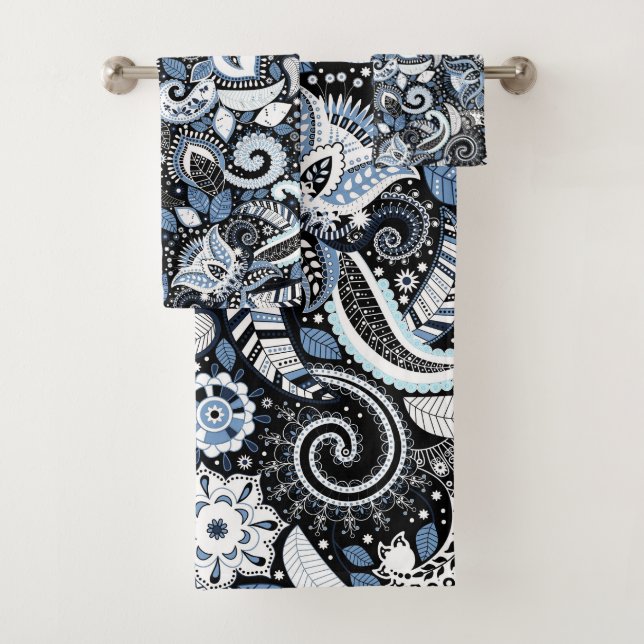 Conjunto De Toalhas Padrão de estampa paisley branco e azul (Insitu)