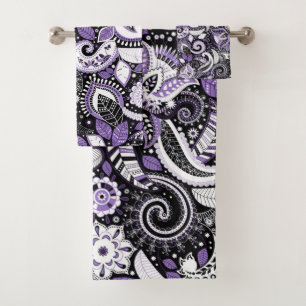 Conjunto De Toalhas Padrão de Estampa Paisley Branco Roxo Preto