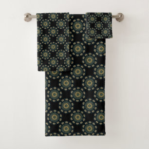 Conjunto De Toalhas Padrão de Estilo Asiático Dourado e Verde