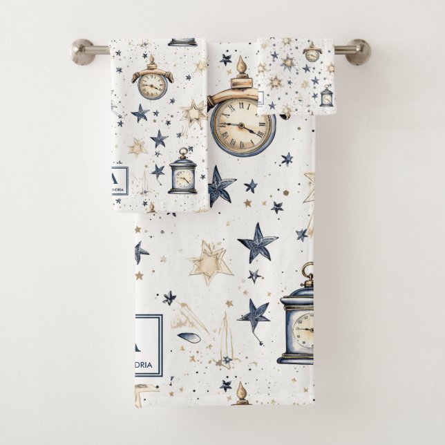 Conjunto De Toalhas Padrão de estrelas Douradas e azuis personalizadas (Insitu)