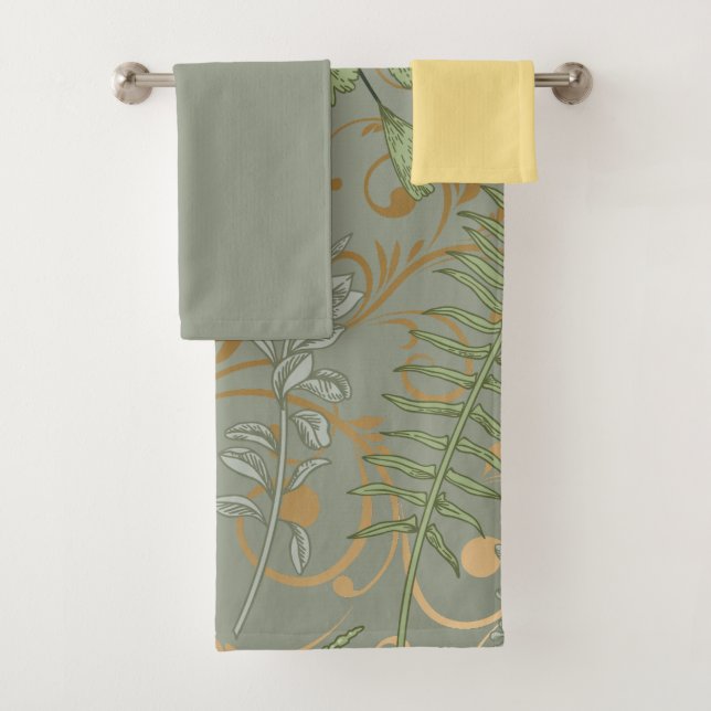Conjunto De Toalhas Padrão de Fern Verde e Dourado (Insitu)