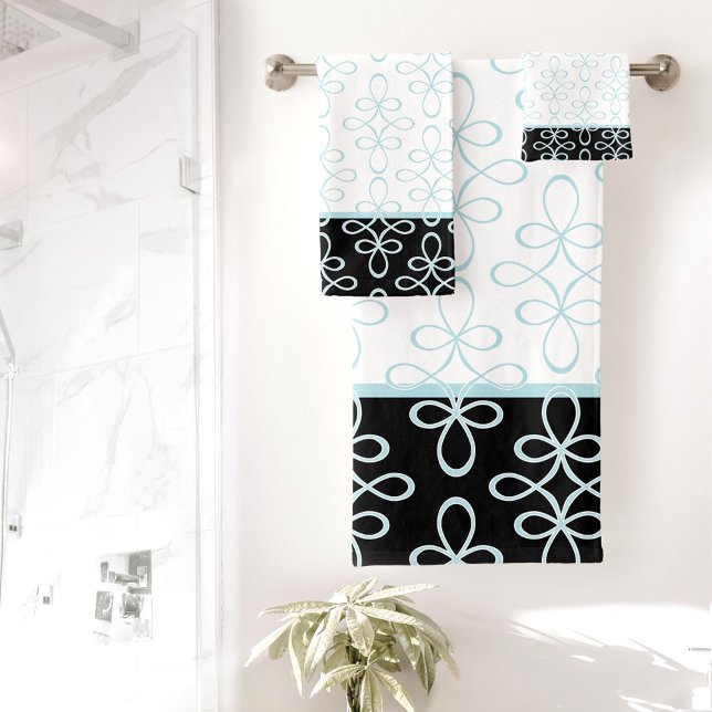 Conjunto De Toalhas Padrão de Filigrana Na moda Azul-Branco-Preto-Eleg (Filigree Pattern Stylish Elegant Blue Black White Bath Towel Set)
