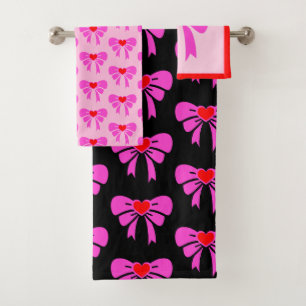 Conjunto De Toalhas Padrão de Fita Coquette Vermelho Cor-de-rosa Preto