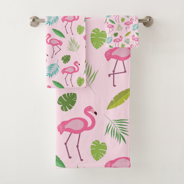 Conjunto De Toalhas Padrão de Flamingo Rosa com Folhas Tropicais   (Insitu)