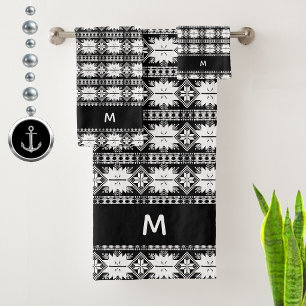 Conjunto De Toalhas Padrão de Flor Abstrata em Monograma Preto e Branc