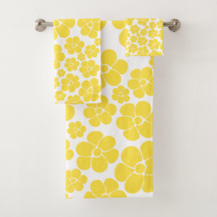 Conjunto De Toalhas Padrão de Flor - Amarelo-Limão e Branco