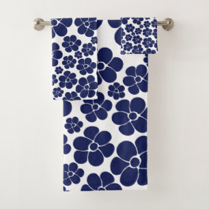 Conjunto De Toalhas Padrão de Flor - Azul e Branco