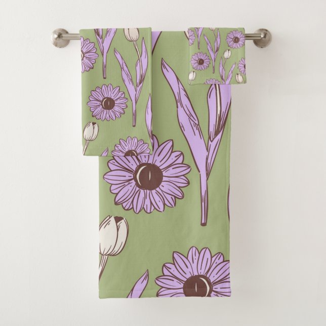 Conjunto De Toalhas Padrão de Flor de Hippie Funky Y2K Retro Roxo Verd (Insitu)