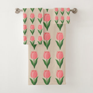 Conjunto De Toalhas Padrão de Flor de Tulipa Rosa Moderna em Bege Clar