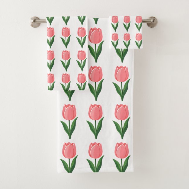 Conjunto De Toalhas Padrão de Flor de Tulipa Rosa Moderna em Branco (Insitu)