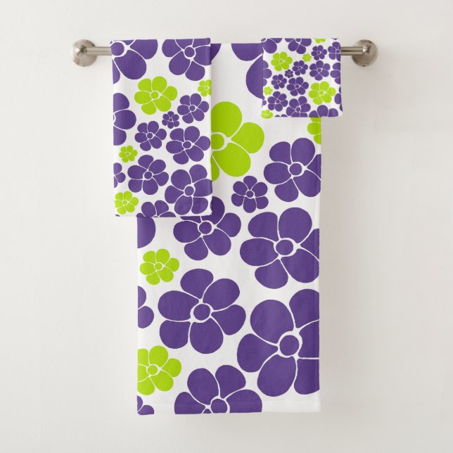 Conjunto De Toalhas Padrão de Flor no Verde limão e Roxo (Insitu)