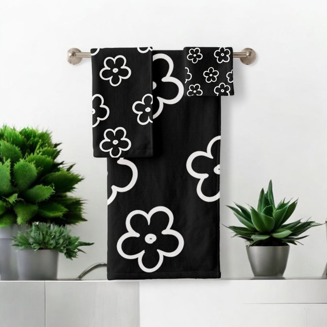 Conjunto De Toalhas Padrão de Flor Preto e Branco (Criador carregado)