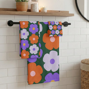 Conjunto De Toalhas Padrão de Flor Retro Cugado em Roxo e Verde