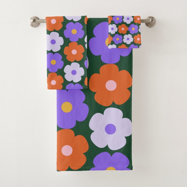 Conjunto De Toalhas Padrão de Flor Retro Cugado em Roxo e Verde   (Insitu)