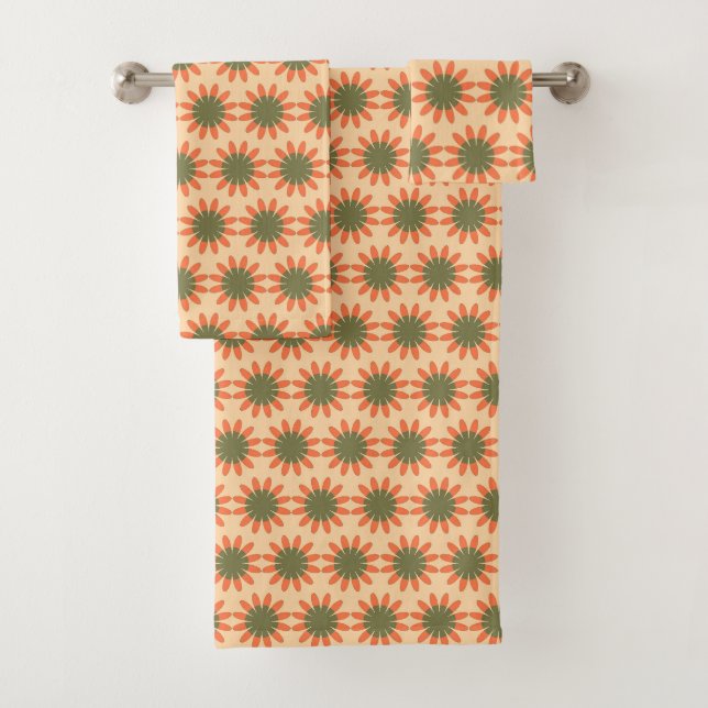 Conjunto De Toalhas Padrão de Flor Retro em Laranja e Verde (Insitu)