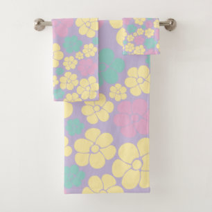 Conjunto De Toalhas Padrão de Flor - Rosa, Amarelo, Roxo e Verde