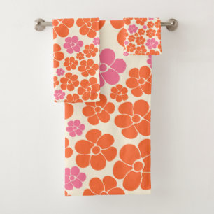 Conjunto De Toalhas Padrão de Flor - Rosa, Laranja e Creme
