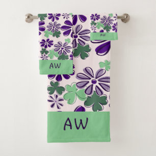 Conjunto De Toalhas Padrão de Flor Roxo Verde Iniciais bonito