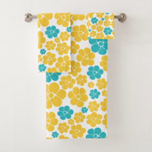 Conjunto De Toalhas Padrão de Flor - Turquesa e Amarelo