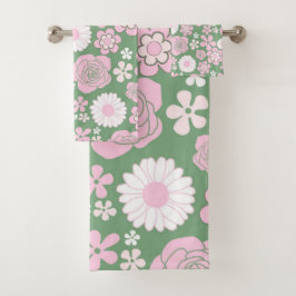 Conjunto De Toalhas Padrão de Flor Y2K 70s - Cor-de-rosa Verde