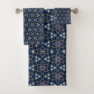Conjunto De Toalhas Padrão de Flores Azul Meia-Noite