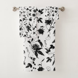 Conjunto De Toalhas Padrão de Flores da Paixão Preto e Branco Elegante