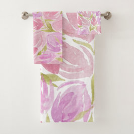 Conjunto De Toalhas Padrão de Flores de Aquarela Púrpura da Fuchsia