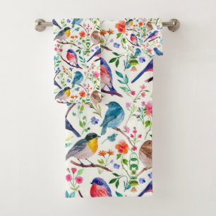 Conjunto De Toalhas Padrão de Flores de Aves Coloridas