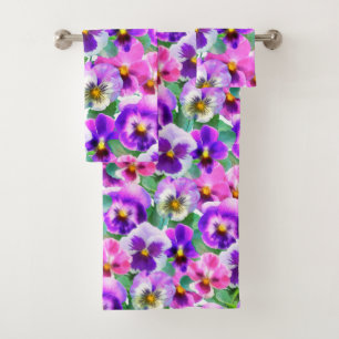 Conjunto De Toalhas Padrão de Flores de Pansy Violetas Coloridas