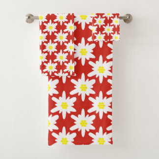 Conjunto De Toalhas Padrão de Flores Edelweiss Brancas em Vermelho