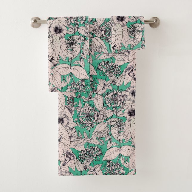 Conjunto De Toalhas Padrão de Flores Gráficas Brancas Verde (Insitu)