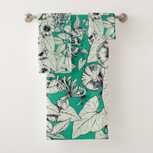 Conjunto De Toalhas Padrão de Flores Gráficas Brancas Verde (Insitu)