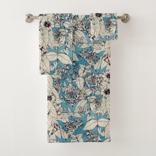 Conjunto De Toalhas Padrão de Flores Gráficas Branco Azul (Insitu)