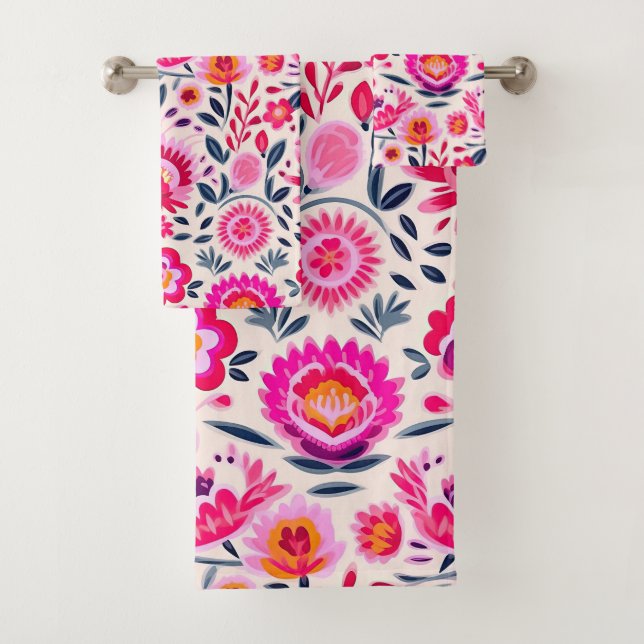 Conjunto De Toalhas Padrão de Flores Mexicanas Fuchsia (Insitu)