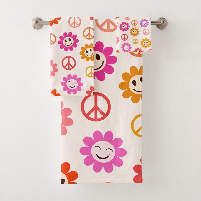 Conjunto De Toalhas Padrão de flores sorridentes felizes com sinais de (Insitu)